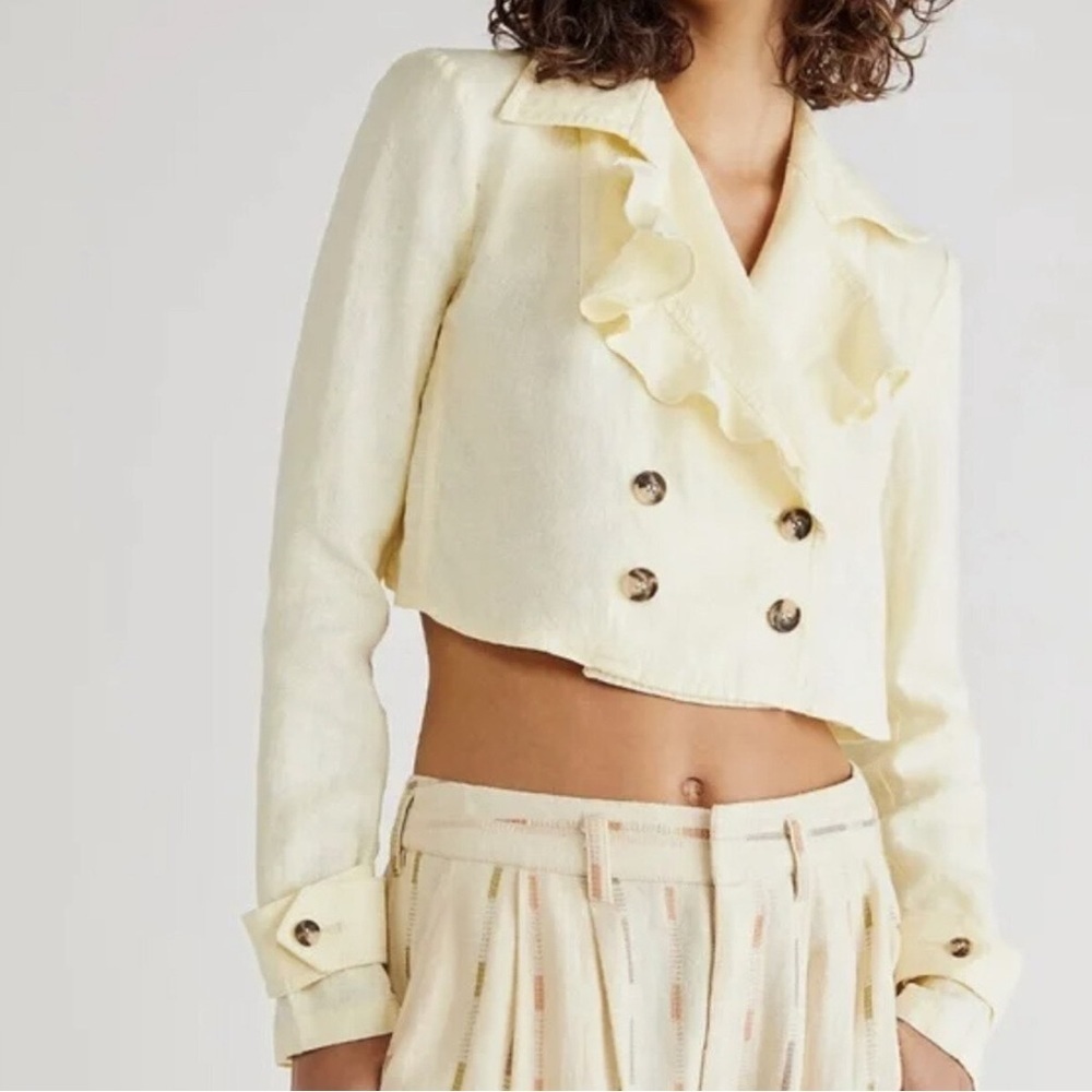 Free People Crossover Back Bennie Linen Double Breasted Blazer Butter Yellow
